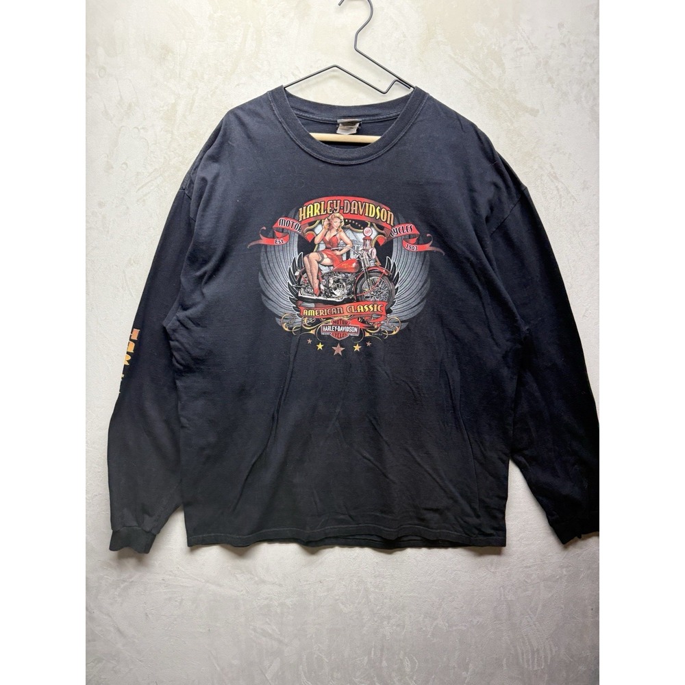 Harley-Davidson Shirt Mens 2XL Long Sleeve Black Flame Pinup Girl Graphic Biker